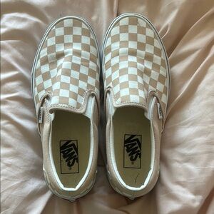 Vans Tan and White Slip-On Sneakers Classic Checkerboard